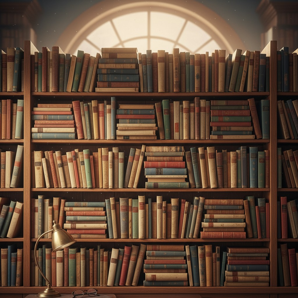A large wooden bookshelf filled with books of various sizes and colors, illuminated by a desk lamp.